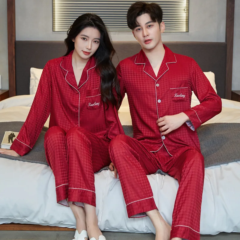 

Couple 2PCS Print Houndstooth Pajamas Sets Sexy Turn-Down Collar Pyjamas Suit Spring Summer Rayon Sleepwear Nightwear Home Wear