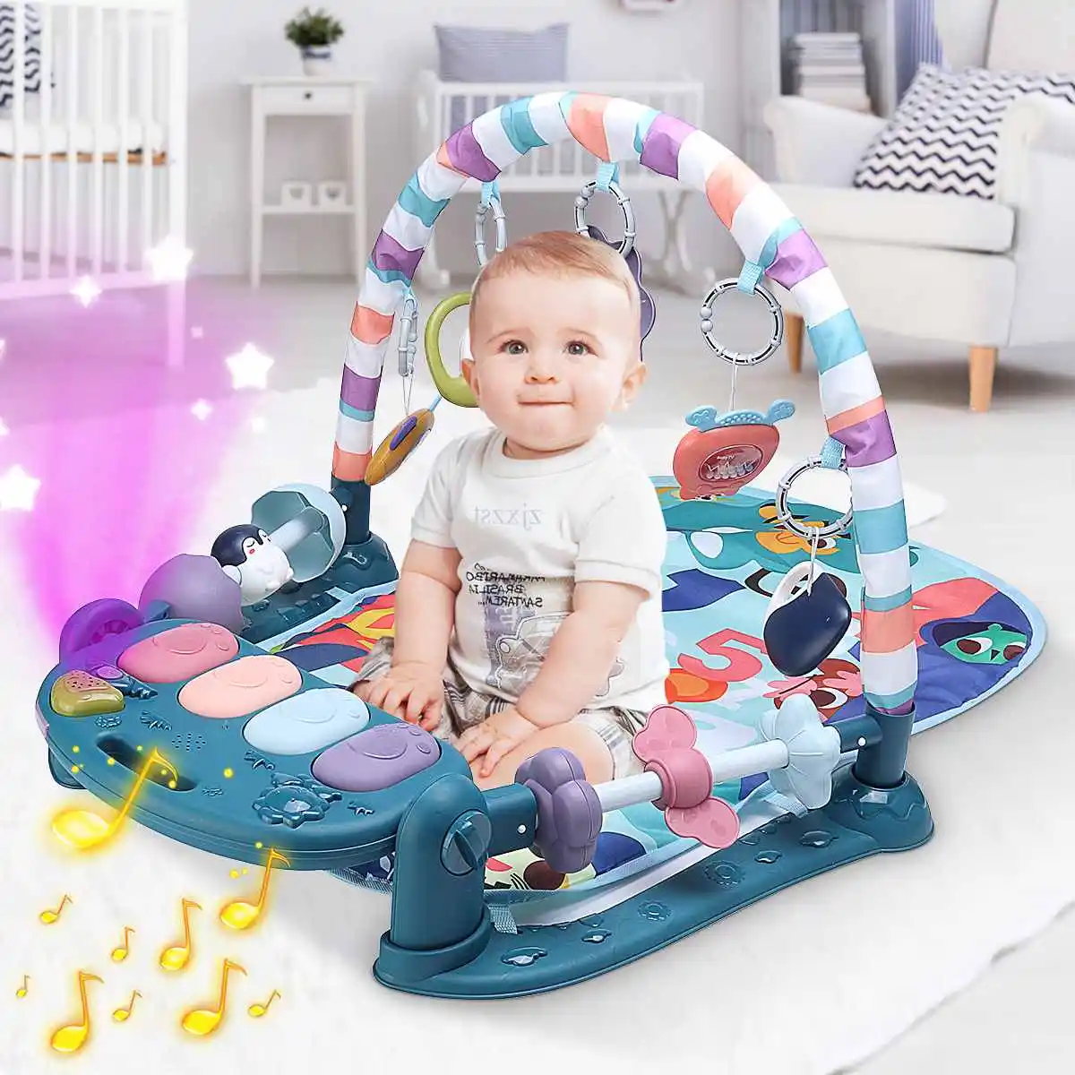 

2IN1 Baby Gym Rack Play Mat Kid Rug Puzzle Carpet Music&Lighting Piano Keyboard Infant Playmat Early Education Gym Game Pad Toy