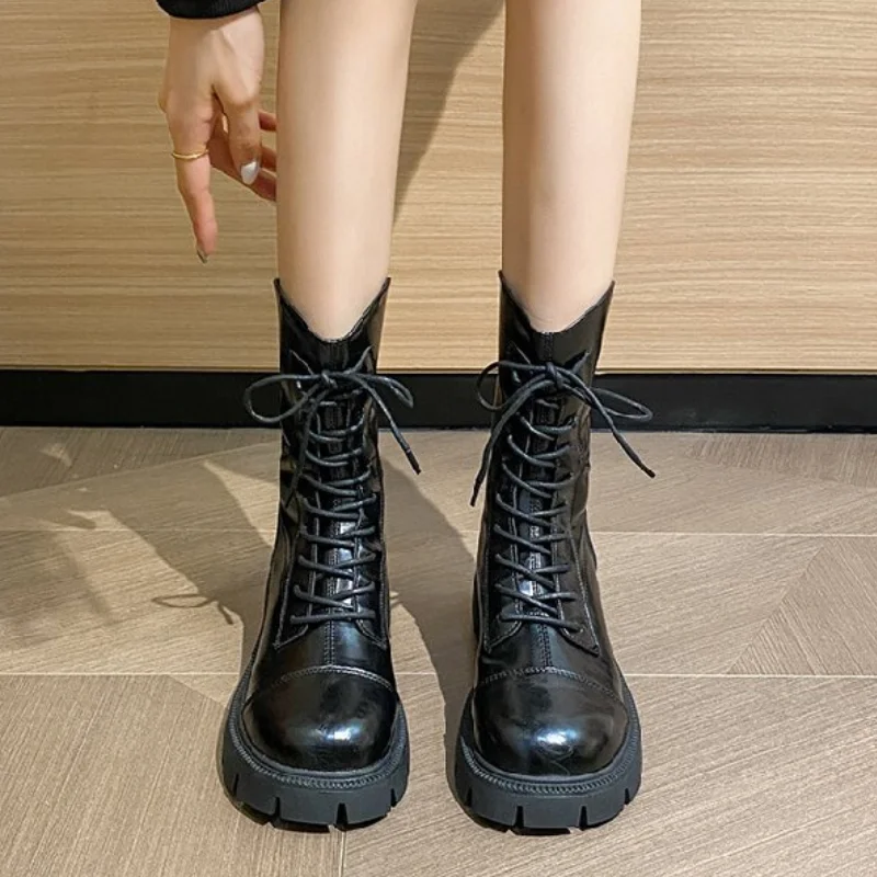 Leather Round Toe English Platform Ankle Boots Women's Padded Lining Boat Lace-Ups Back Zip Botas Mujer Shoes for Women 2023