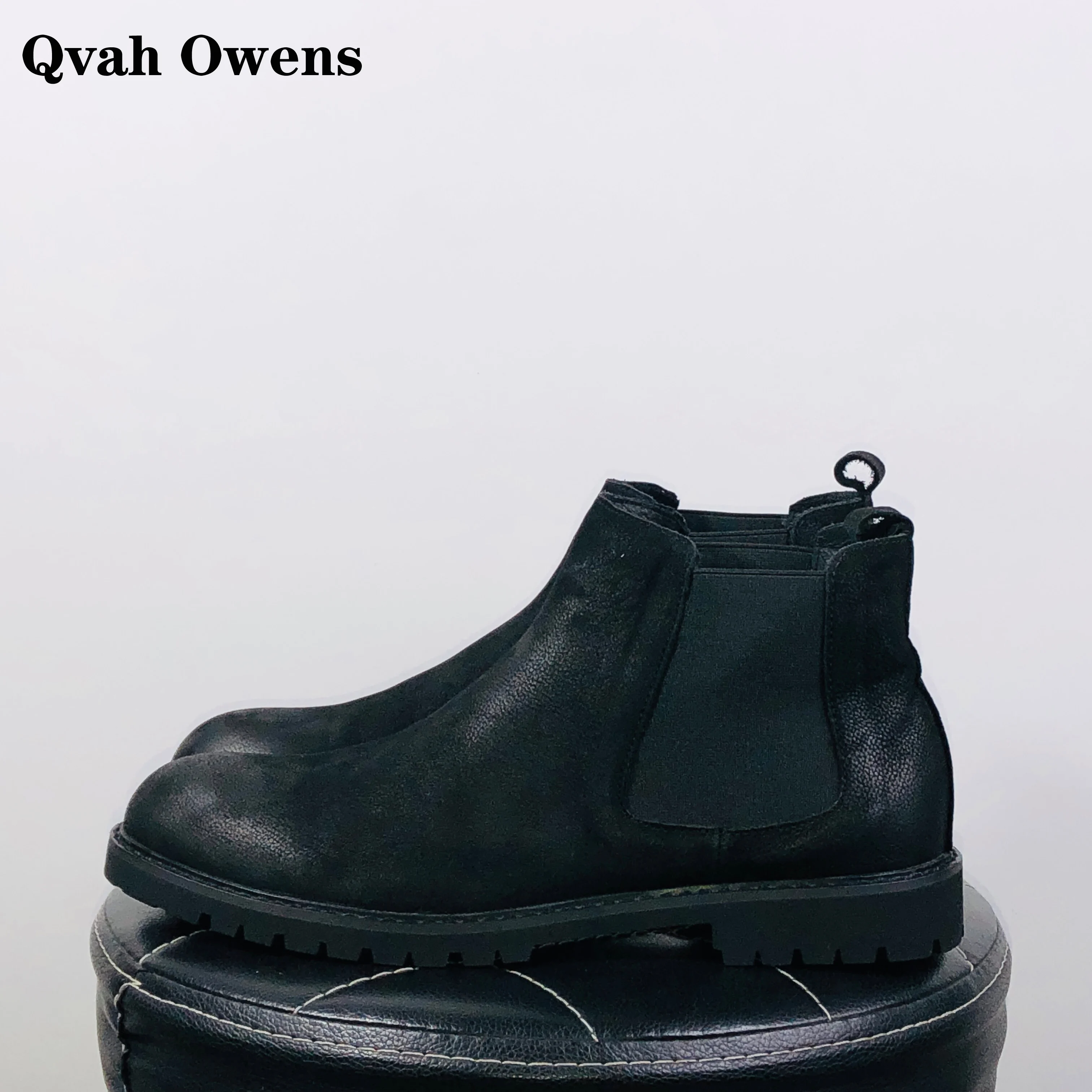 Qvah Owens Men Chelsea Boots Genuine Leather Luxury Trainers Sneakers High Street Autumn Black Shoes