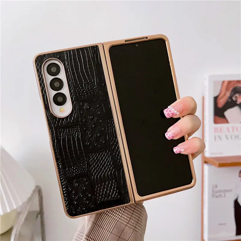 Genuine Cowhide Leather Retro Case for Samsung Galaxy Z Fold 4 Fold4 Glossy Frame Vintage Crcodile Ostrich Grain Splicing Cover