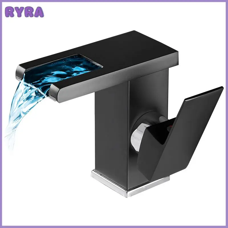 

Bathroom Sink Mixer Tap LED Luminous Basin Faucet Copper Waterfall Temperature Control Discoloration Color Changing Washbasin