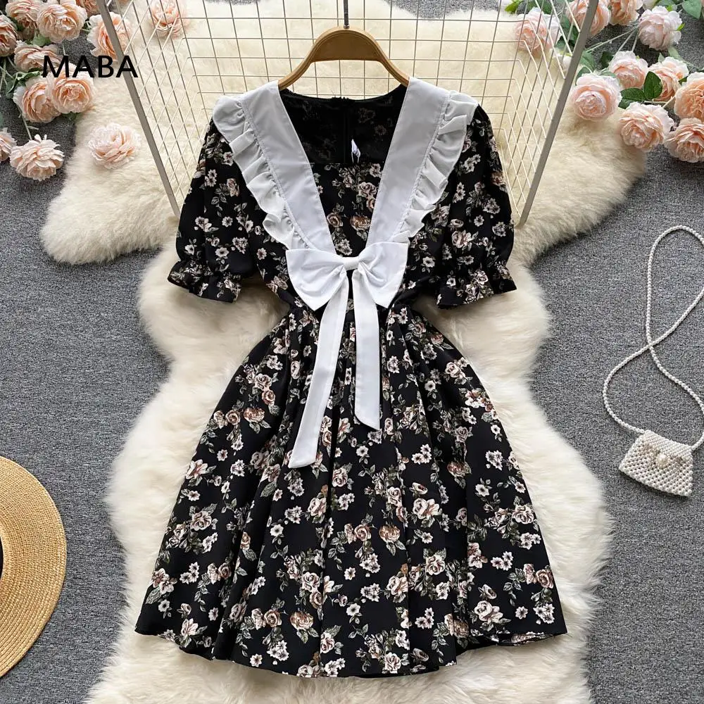 

Korean Dress Women Dress Summer New Sailor Collar Short Sleeve High Waist Retro Sweet Floral Bow Midi Short Dress Robe Femme