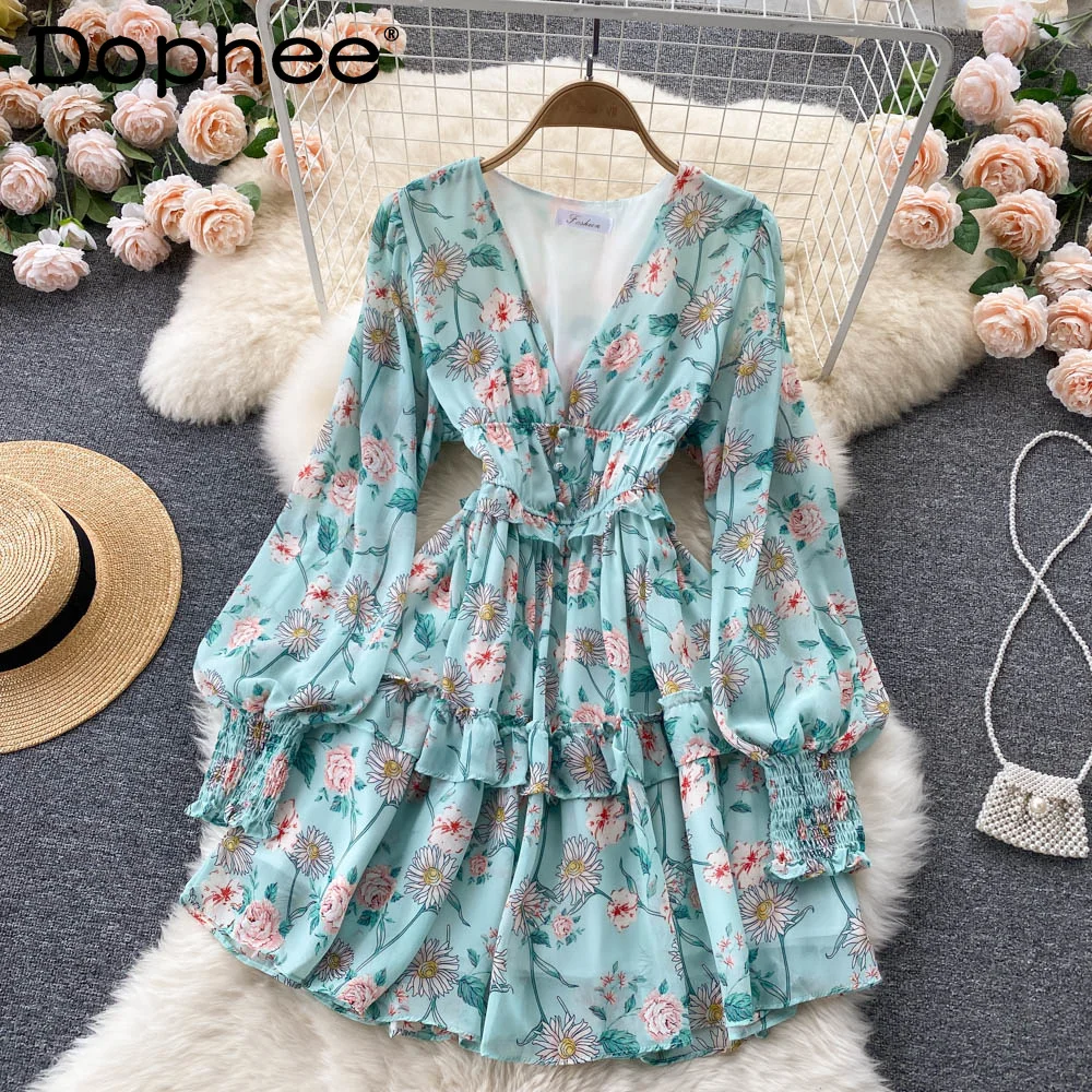 

Women Ruffles Chiffon Print Dress V-Neck Long Sleeve New Arrivals Lady Sexy Temperament Fashion Spring Autumn 2022