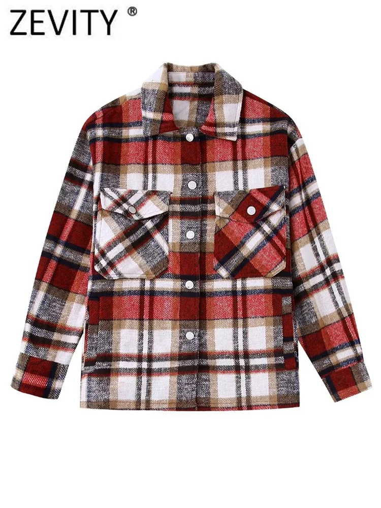 

ZEVITY 2022 Women Vintage Striped Plaid Print Loose Jacket Coat Female Double Pocket Patch Outerwear Chic Overshirt Tops CT2605