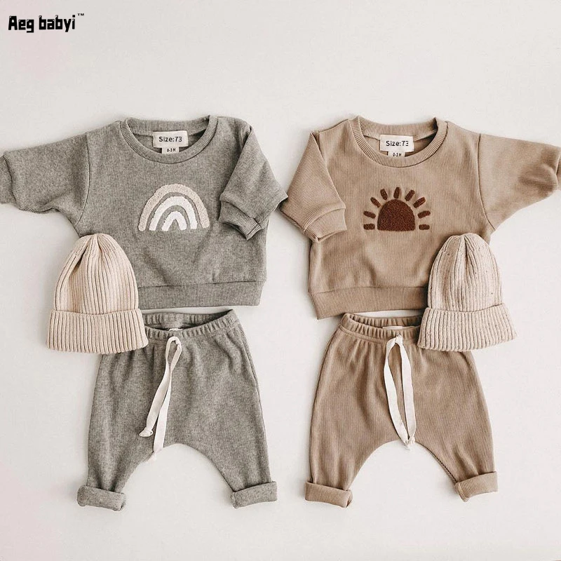 

Kids Baby Clothes Set Autumn New Rainbow Embroidery Boys Girls Long Sleeves Hooded Tops +Loose Trousers 2pcs Children's Clothing