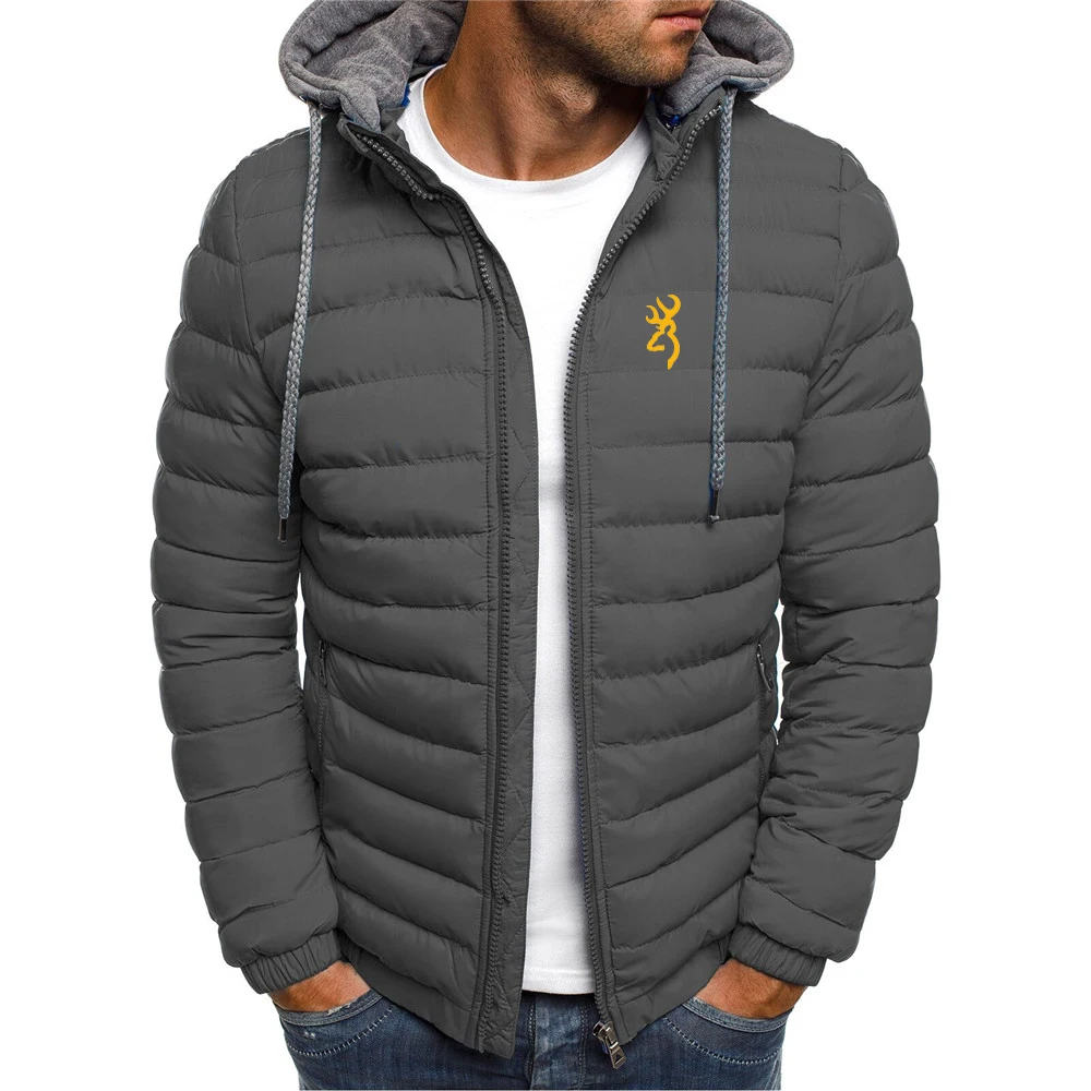 

2023 Autumn Winter BROWNING Logo Print Solid Color Slim Fit Thickened Hooded Coat Men's Casual Zip Popular Cotton-Padded Jackets