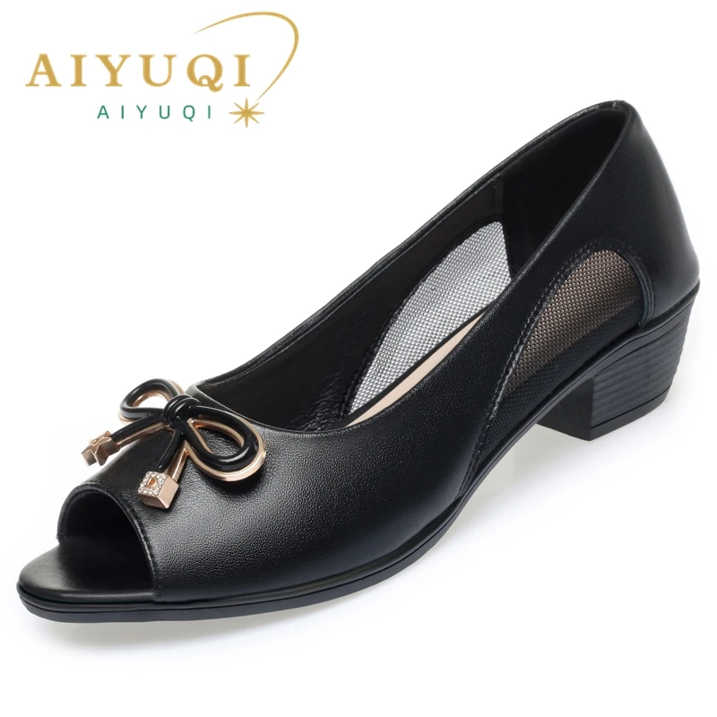 AIYUQI Summer Sandals Women Wedges 2023 New Genuine Leather Mom Sandals Fish Mouth Mid-heel Large Size Women's Sandals