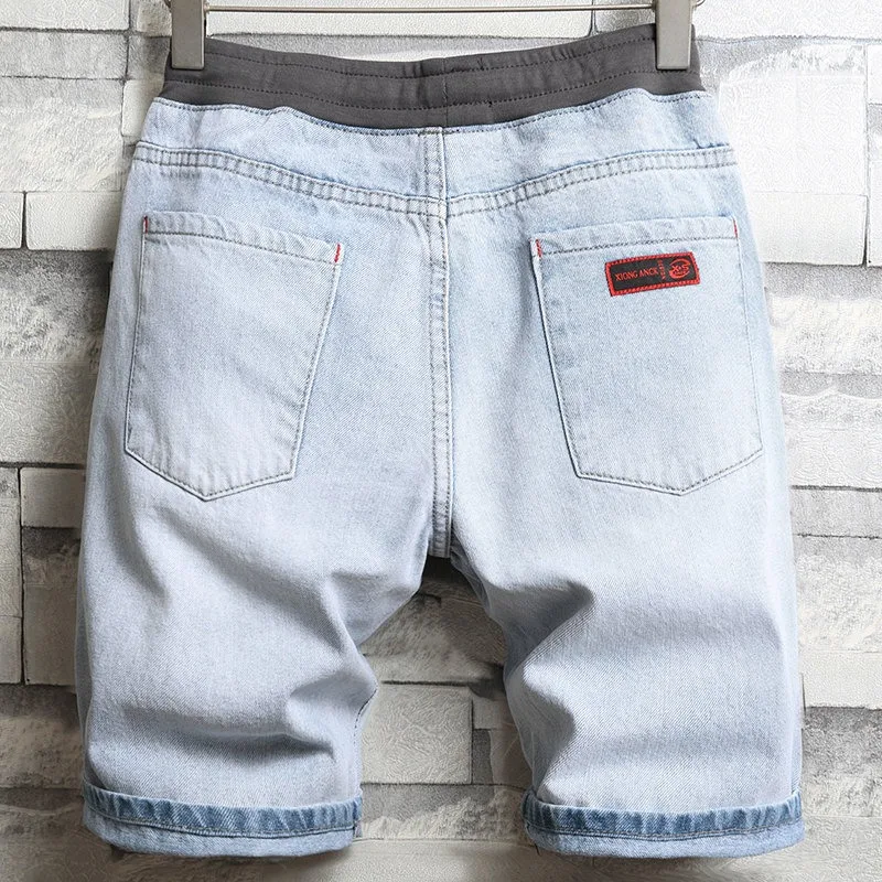 Ripped Jeans Men Denim Shorts Summer Fashion Side Stripe Streetwear Casual Light Blue Regular Straight Knee Length Pants