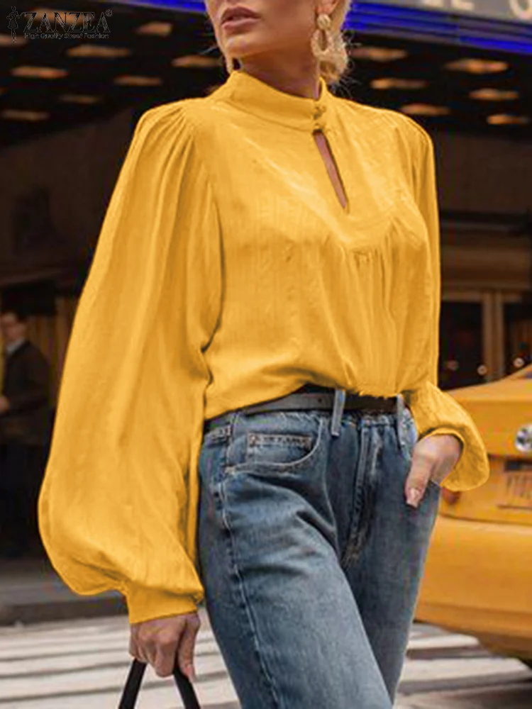 

ZANZEA Casual Long Lantern Sleeve Blouse Women Vintage Retro O Neck Shirt Spring Fashion Holiday Beach Chemise Satin Tunic Tops