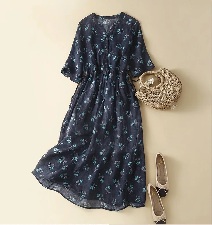 

Женское льняное платье с цветочным принтом, винтажное ТРАПЕЦИЕВИДНОЕ платье миди с коротким рукавом, V-образным вырезом и поясом, повседнев...