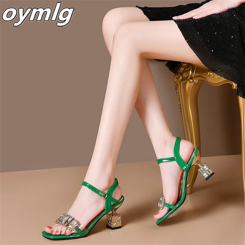 

2022 summer new open-toe stiletto women's sandals one word buckle big rhinestone high heels back empty transparent women's shoes