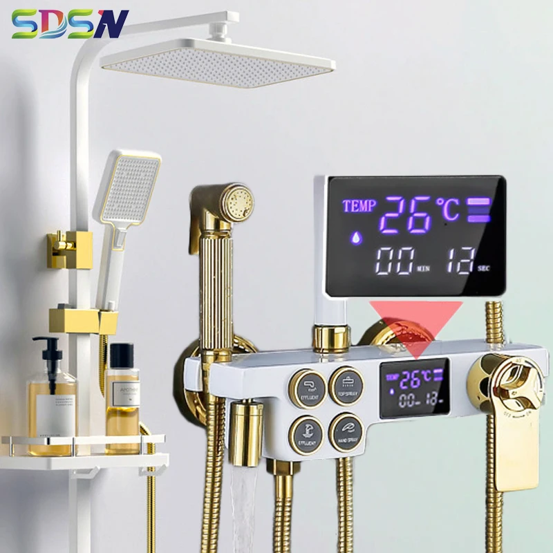 

Newly Digital Shower Set of 12 Inch Rain Shower Head Brass Bathtub Mixer Faucets Tap White Gold Thermostatic Bathroom Shower Set