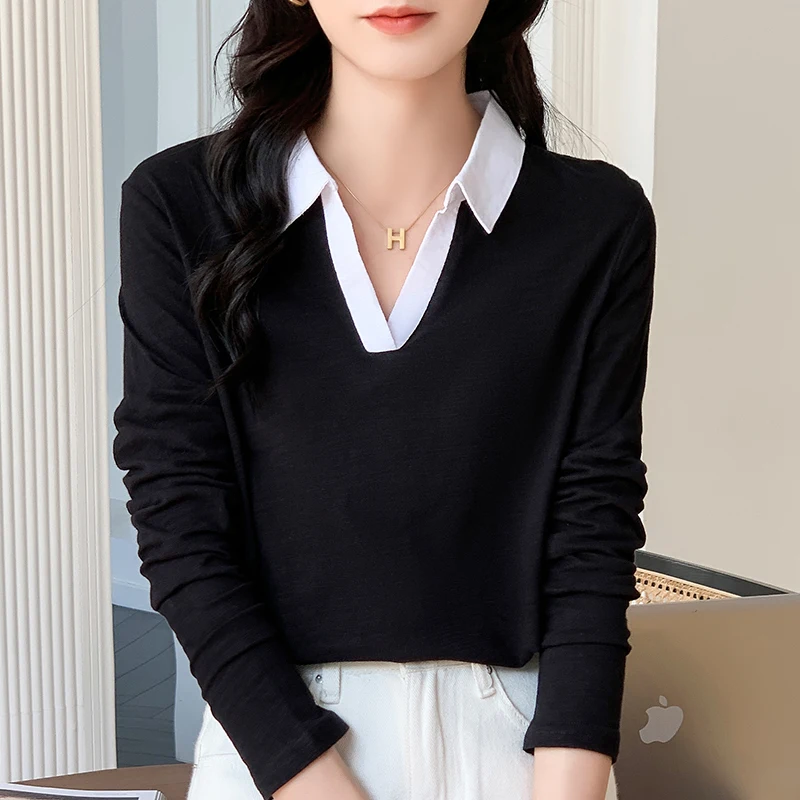 

TuangBiang Autumn 2022 Women Bamboo Cotton T-Shirts Loose Female Two-Color Patchwork Polo Collar TShirt Lady Elegant Winter Tops