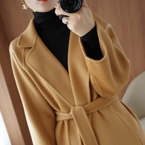 

Женское двухстороннее шерстяное пальто со шнуровкой, эксклюзивное Свободное пальто из 2022-ной шерсти, зима 100%