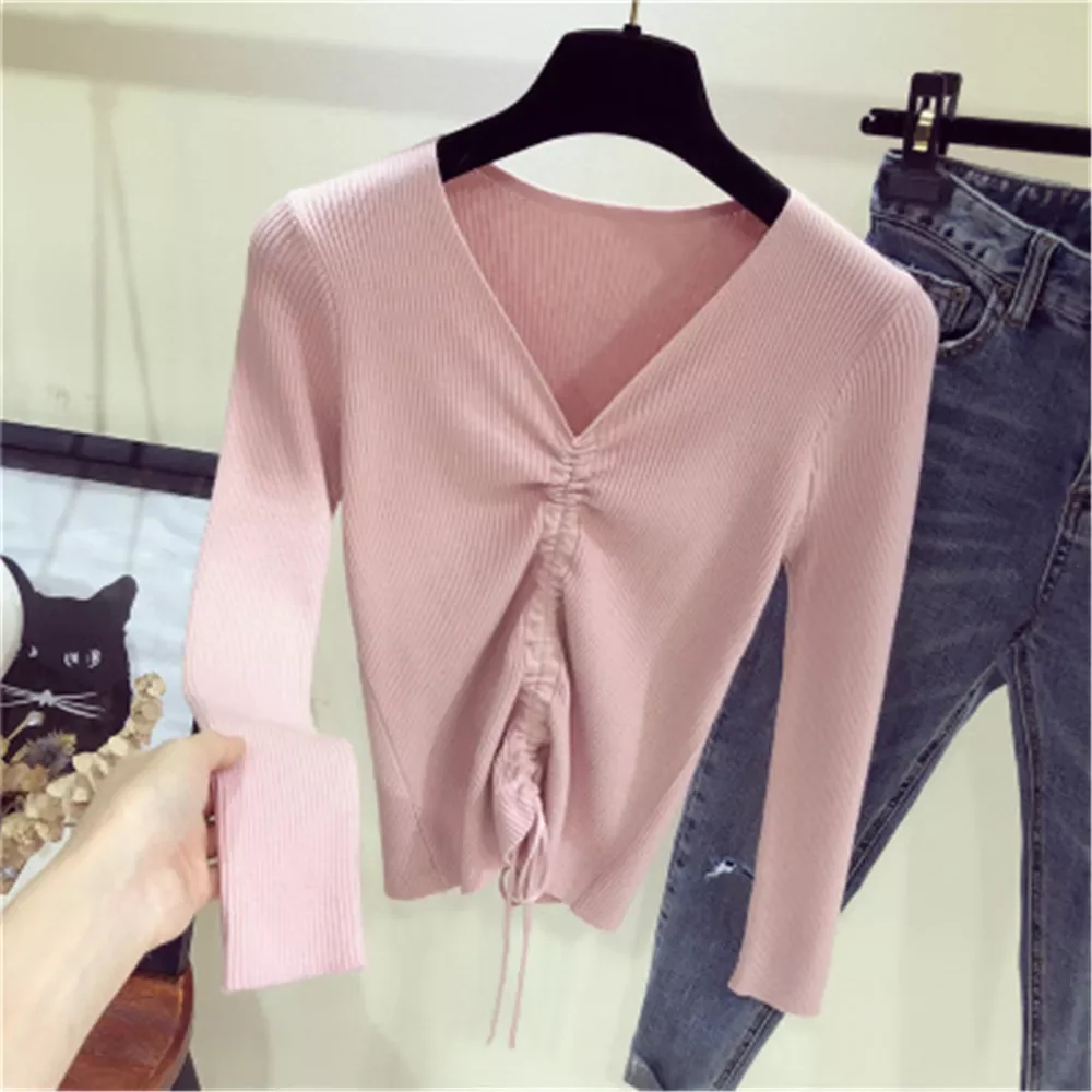 

Женский трикотажный свитер с V-образным вырезом, с длинным рукавом