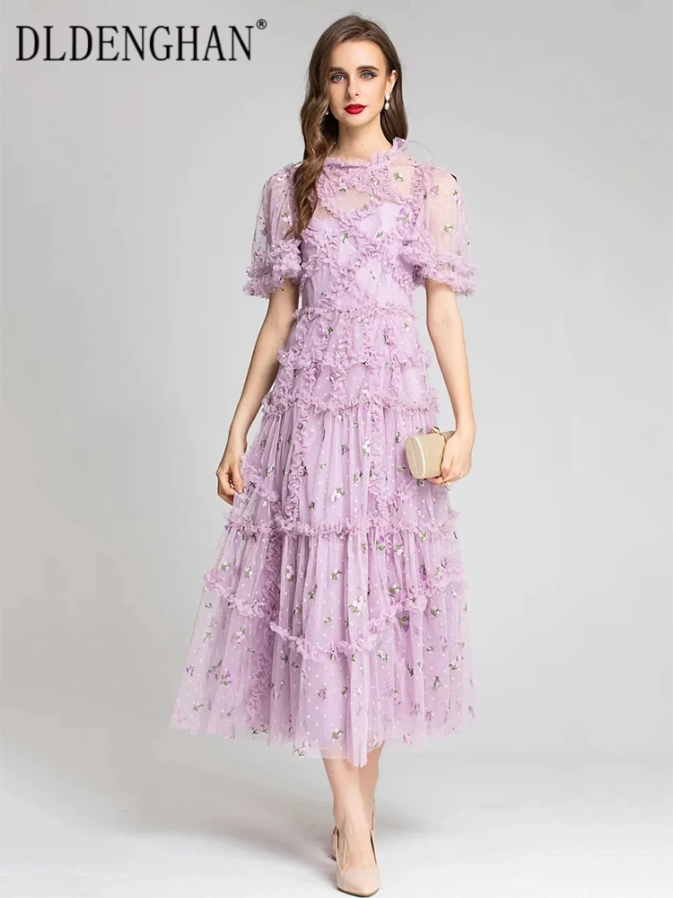 DLDENGHAN Women's Mesh Long Dress O-Neck Short Sleeve  Flowers Embroidery Ruffles Vintage Party Dresses Designer Summer New