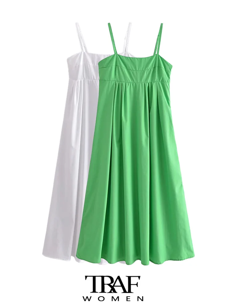 

TRAF Women Fashion Loose Poplin Midi Dress Vintage Backless Elastic Thin Straps Female Dresses Vestidos Mujer