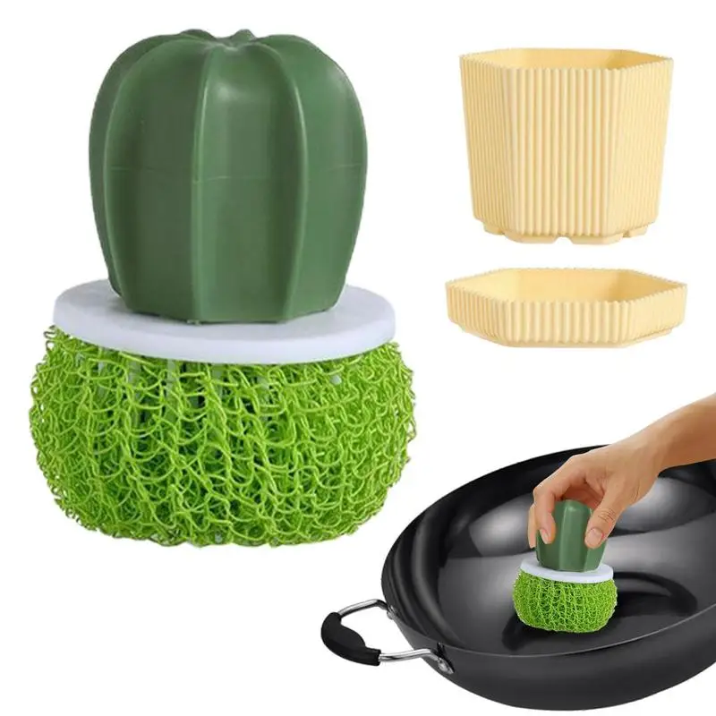 

Съемная щетка для мытья посуды, губка со съемным шариком, с ручкой и кастрюлей, нескользящий скруббер в форме кактуса из нановолокна для кас...