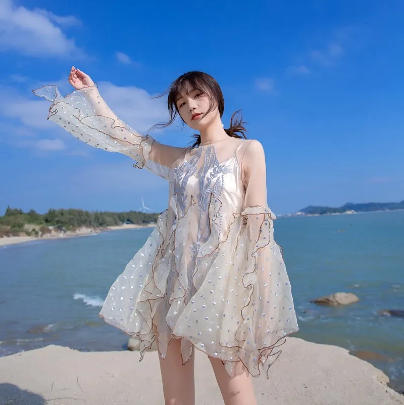 

SuperAen Elegant Apricot Flare Sleeve Ruffle Mini Dress Summer New Organza Embroidered Dress Women's Two-piece Dress