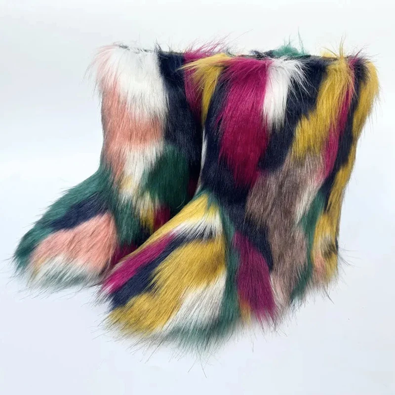 

y2k Oversized Snow Boots Winter Faux Fur Plush Elegant Boots For Women Non-slip Rubber Flat zapatos Free Shipping Promotion