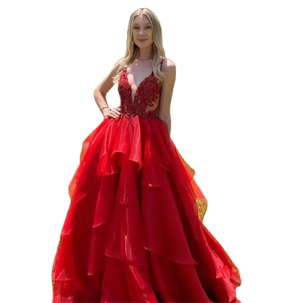 

Sexy A Line Organza Applique Prom Dresses V-neck Women Princess 2023 Spaghetti Straps Backless Tiered Party Evening Gowns