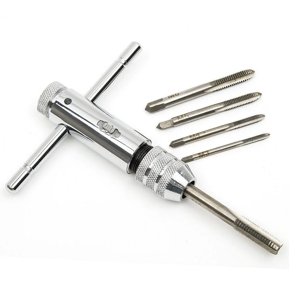 

Adjustable Silver T-Handle Ratchet Tap Holder Wrench Set Hand Tools with 5pc M3-M8 Machine Screw Thread Metric Plug T-shaped Tap