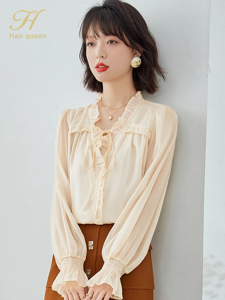

H Han Queen Vintage Lantern Sleeve Office Lady Blouse Female Shirt Ruffles V-Neck Tops Autumn Casual Korean Women Loose Blouses