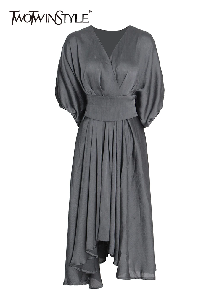 

Женское платье-миди TWOTWINSTYLE, весеннее однотонное платье с v-образным вырезом, рукавами-фонариками и высокой талией