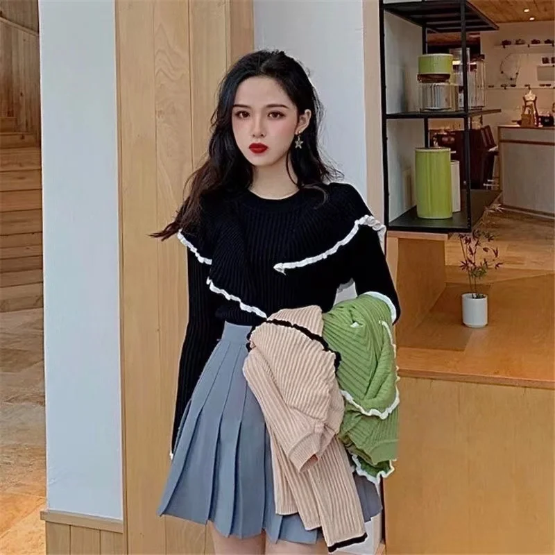 

Осенне-зимний женский Универсальный облегающий свитер с оборками в иностранном стиле Универсальный пуловер свитер