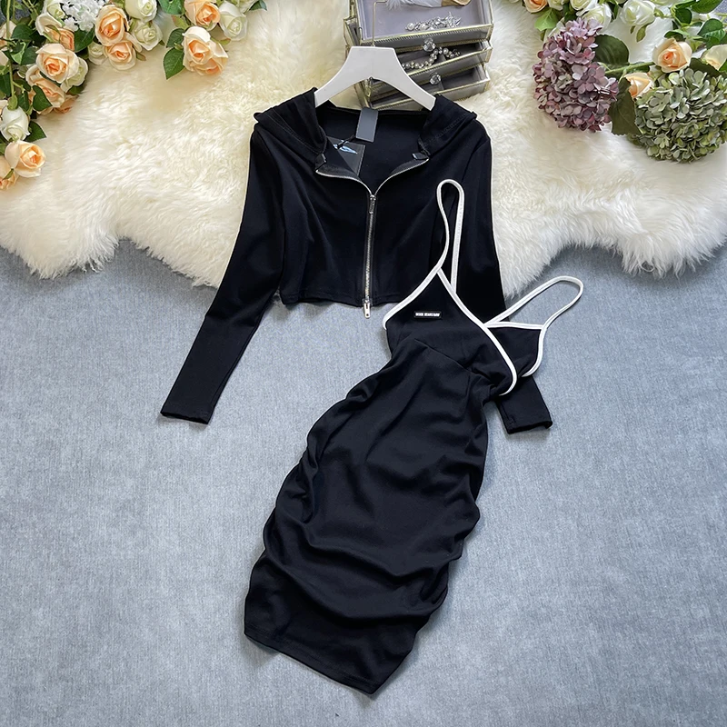 

Autumn Black 2 pieces Sets Fashion Sexy Temperament Hooded Cardigan Coat + Hip Pack Slim Waist Dresses Suits