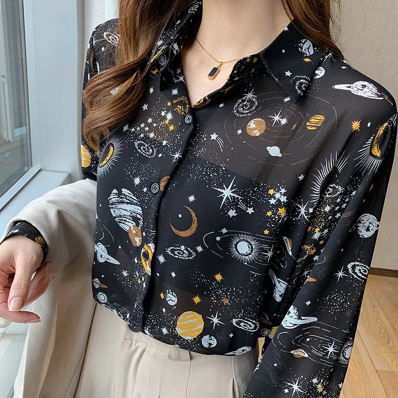 

Summer Women's Shirts 2023 Vintage Print Korean Koszula Damska Elegancka Long Sleeve Shirts and Tops for Ladiess Free Shipping