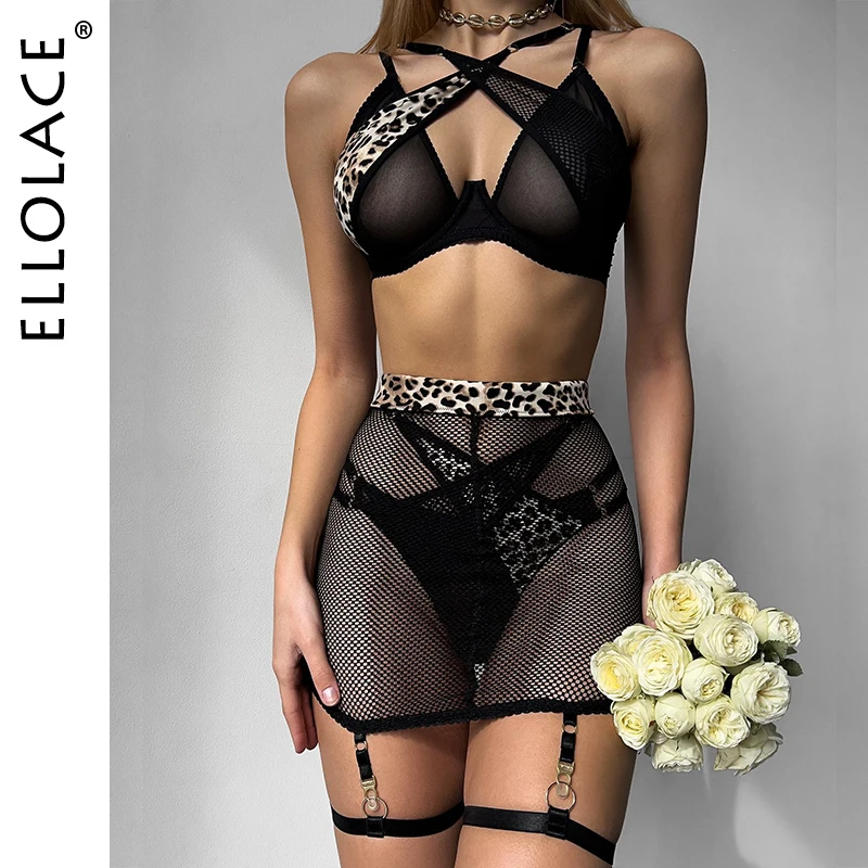 

Ellolace Leopard Cross Bra Lingerie Sheer Lace Fancy Underwear 4-Piece Sissy See Through Bilizna Set With Dress Luxury Intimate