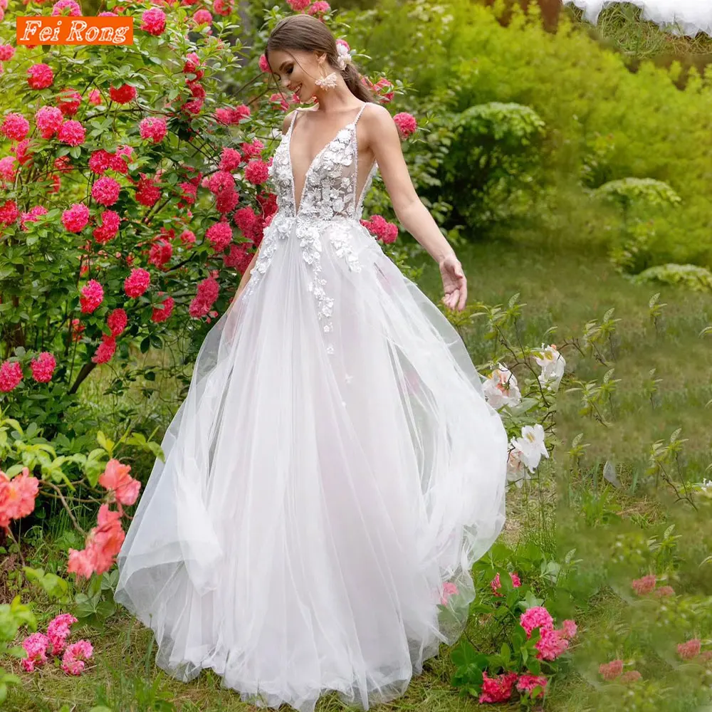 

Simple Bridal Wedding Dresses Ladies New V Neckline Applique Lace Sleeveless Sexy Backless Floor Length Dress Vestidos De Novia