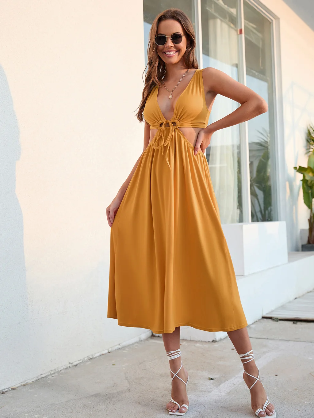 

Summer Sexy Yellow Spaghetti Strap Long Dress for Women Deep V Neck Beach Hollow Out Ladies Ruffles Party Dress Vestidos 2022