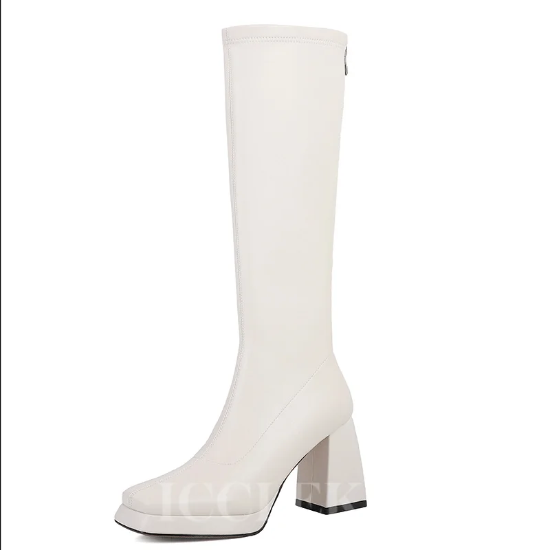 

New Women Long Boots Autumn High-Quality Zipper Design Square Toe Super High Heels Solid Colour Platform Romanesque Ladies Boots