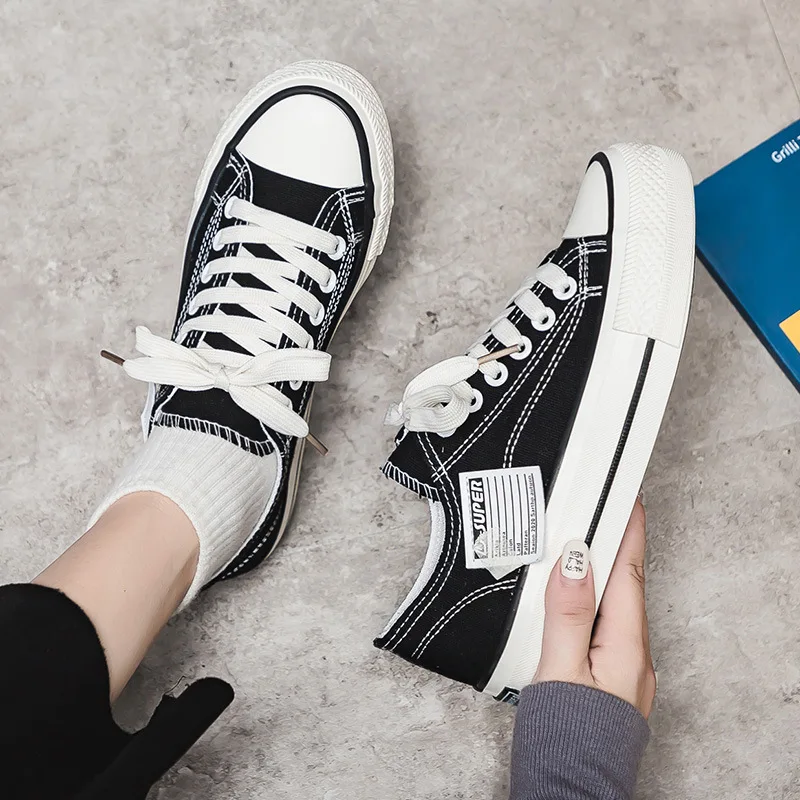 Canvas Shoes For Women With Thick Soles Flat Bottomed Low Top Sneakers For Students Versatile Casual Black Canvas Shoes Fashion