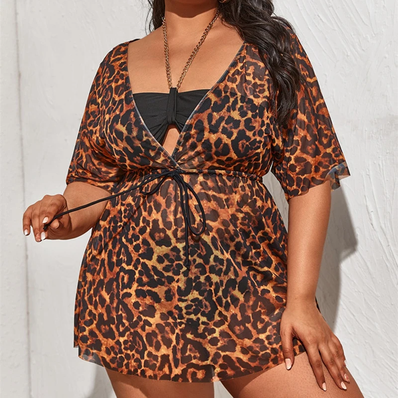 

Women Floral Leopard Print Half Sleeve Shawl Chiffon Kimono Beach Cardigan Bikini Cover Up Wrap Beachwear Outdoor Anti-UV Coat