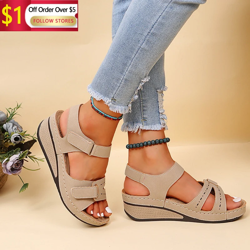 2023 New Cut Out Solid Color  Women Casual Wedges Sandals One Line Buckle Peep Toe Women Summer Beach Sandals