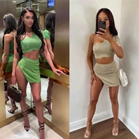 skmy sexy outfits for woman knitted suit slanted shoulder short sleeve split skirt two piece set 2022 new summer clothes