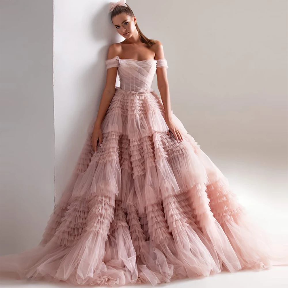 

Женское вечернее платье с открытыми плечами, пыльное розовое платье из тюля с оборками в несколько рядов, платье для выпускного вечера, 2023