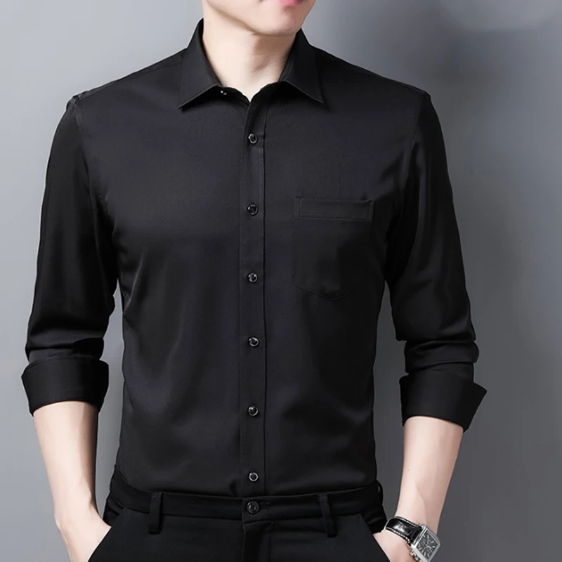 New Men's Silk Slip Shirt Long Sleeve Shirt Autumn and Winter Comfortable Business Leisure Elastic Wrinkle Free Iron Solid Color
