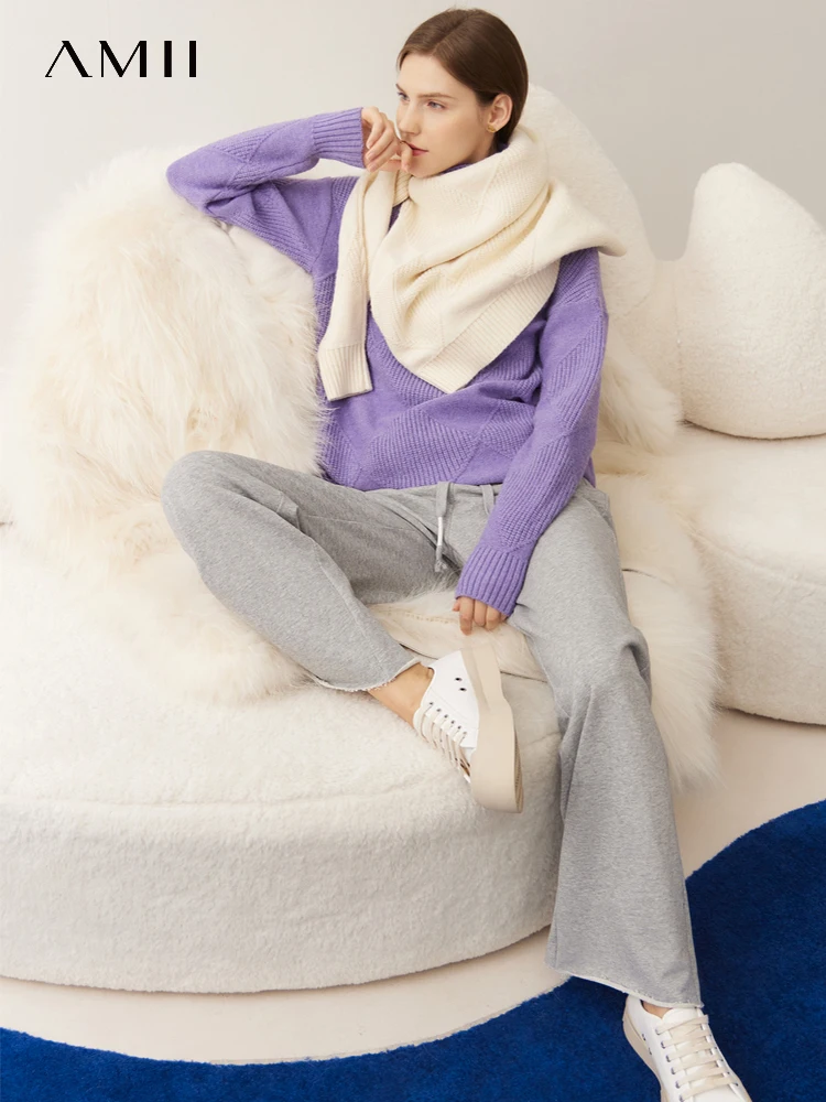 

Женский минималистский свитер AMII, зима 2022, теплый однотонный модный Повседневный пуловер с высоким воротником, вязаный Топ, 12260082