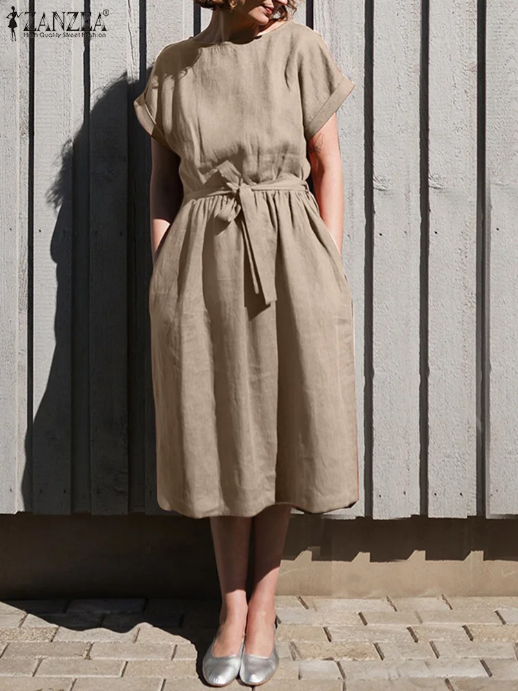 

Женский летний сарафан ZANZEA 2022, кафтан, однотонное платье, повседневные платья до середины икры с коротким рукавом, женское платье с поясом и ...