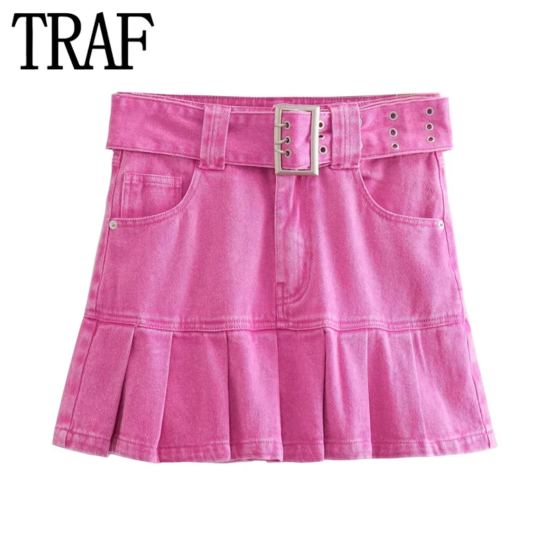 

TRAF Pleated Denim Skirt Woman Pink Mini Jeans Skirt For Women High Waist Short Skirt Woman Fashion Streetwear Summer Skirts