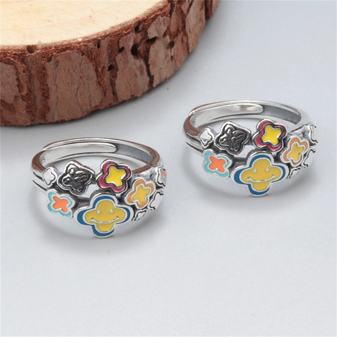

MeiBaPJ S925 Sterling Silver Glue Dripping Process Four Leaf Flower Colorful Smile Ring Fine Weddings Jewelry for Women/Man SY