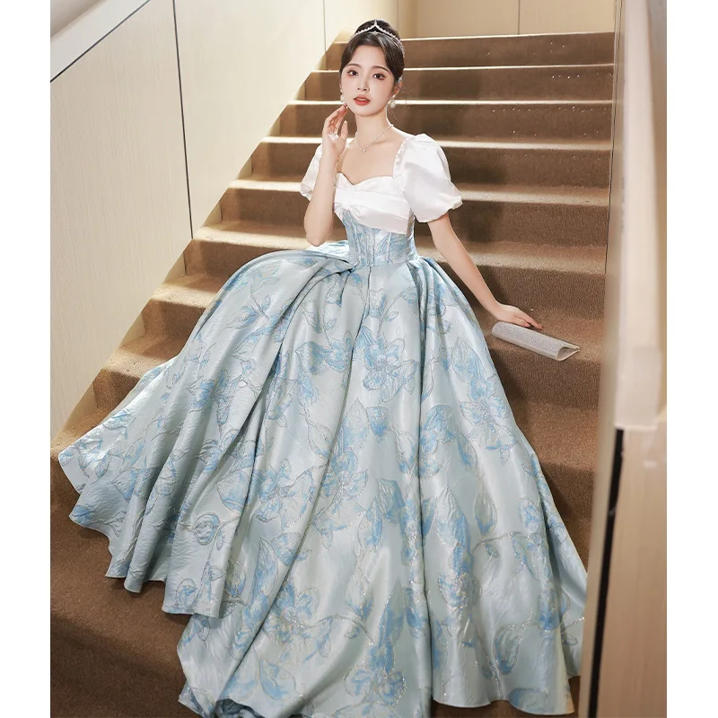 

Off Shoulder Blue Evening Dress Floral Print French Style Women's Birthday Ball Dress 18 Year Old Adult Party Black Gold Dresses