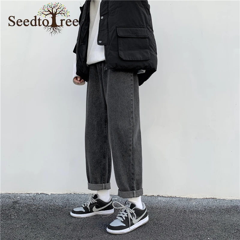 Men's Casual Jeans Elastic Waist Denim Trousers Loose Ankle Length Pants