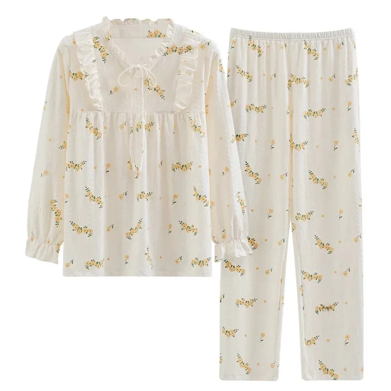 Женские милые брюки с рюшами и длинными рукавами пижамный комплект в корейском