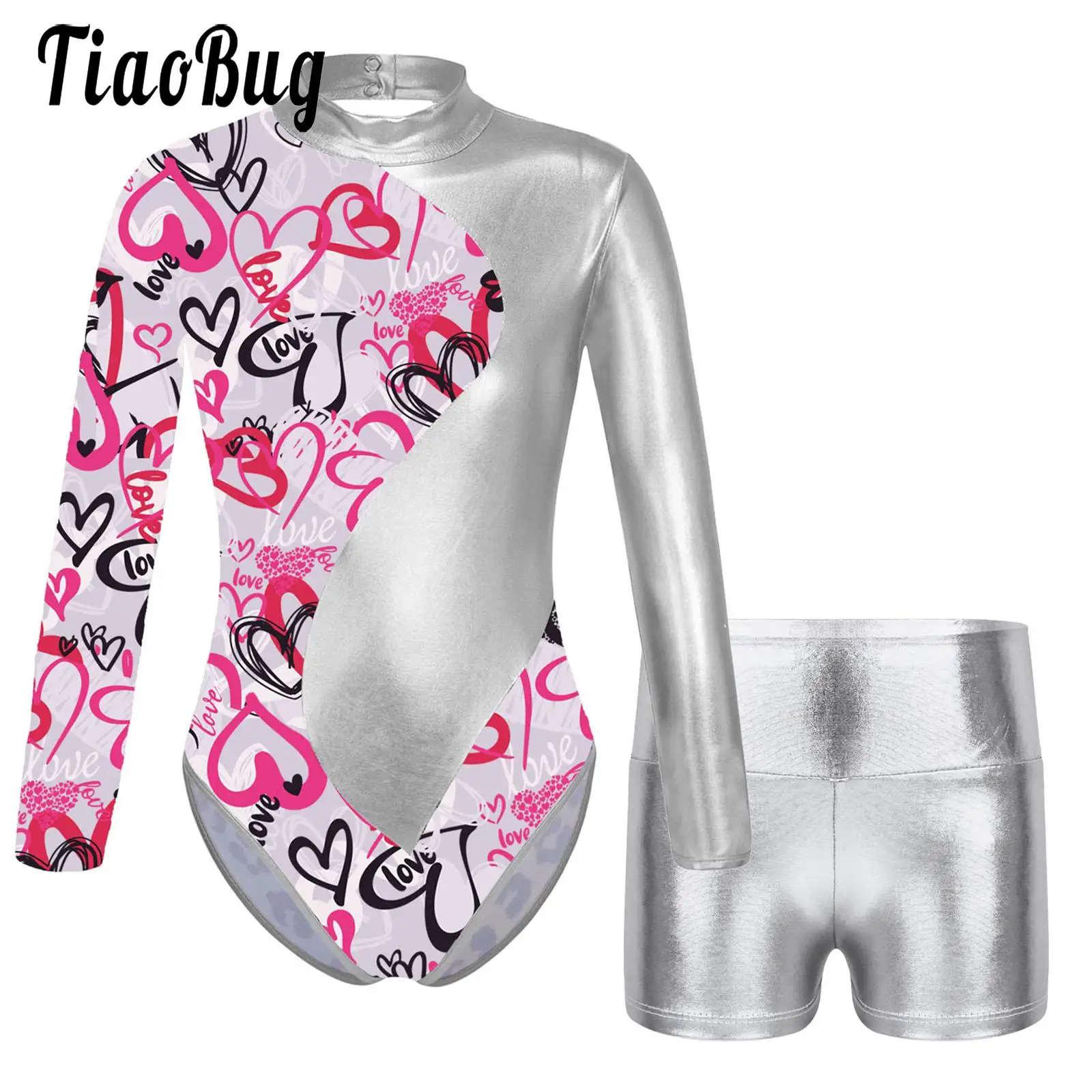 

Kids Girls Tracksuit 2 Piece Dance Outfit Long Sleeve Athletic Gymnastics Leotard with Shorts Biketard Unitard Ballet Dancewear